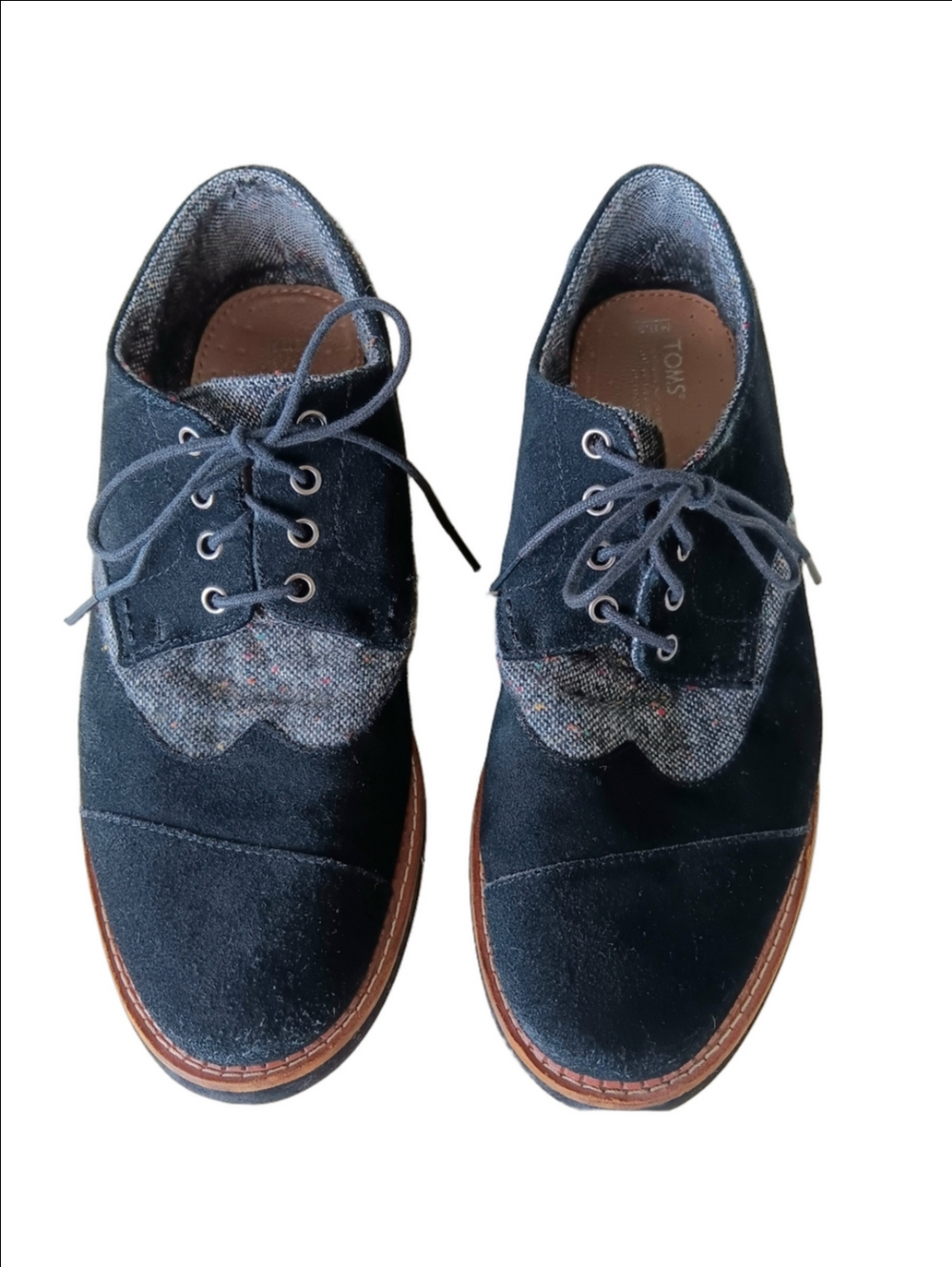 Toms Oxfords Wingtips Black Suede And Grey Tweed Casual Lace Up Shoes - Picture 2 of 7